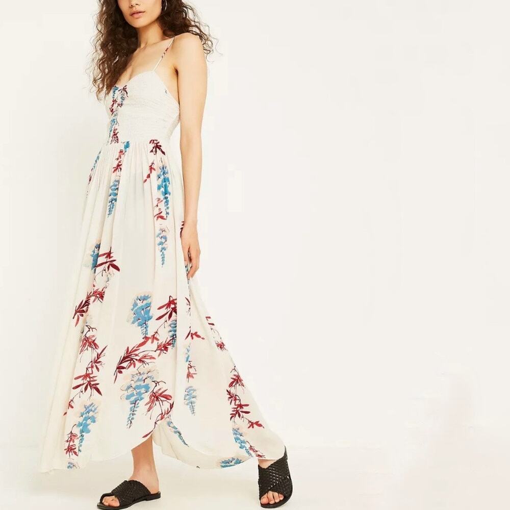 Free People Ivory Beau Smocked Printed Slip Maxi Dress Sz M